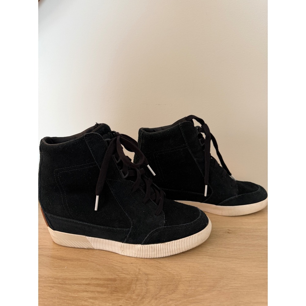 Sorel Out N About Wedge Sneakers 8 Black Suede High Top Hidden Heel NL4433